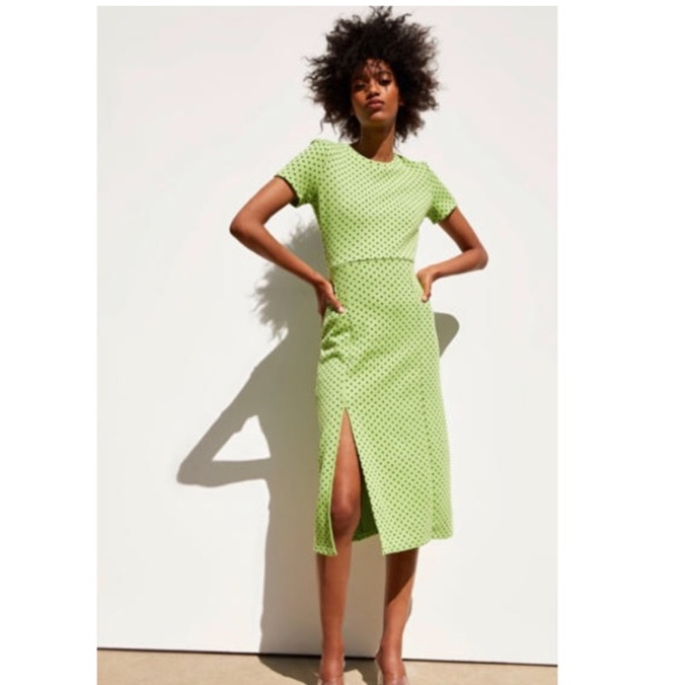 Zara green polkadot dress with a slit